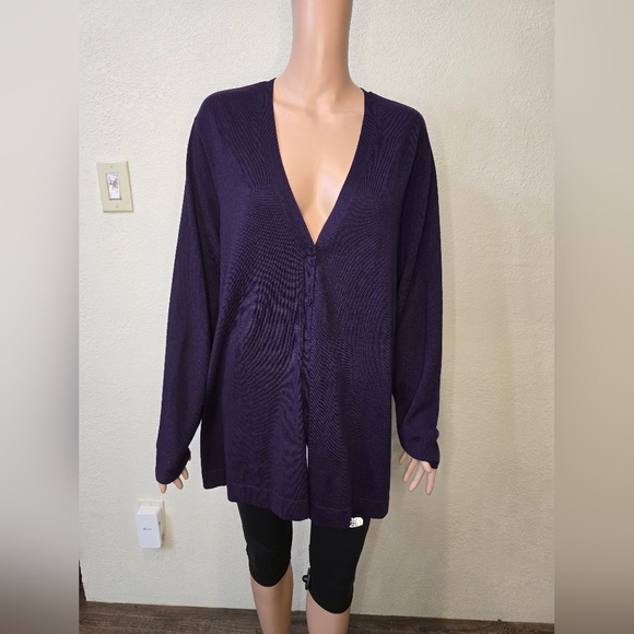 J Jill Long Cardigan V-Neck Sweater  EGGPLANT PURPLE 3 Button Wool Blend Xl - Picture 3 of 12